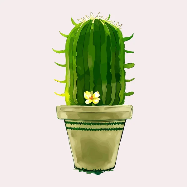 Suluboya vektörü Kaktüs ve saksı vazosuna bitki yaprakları.