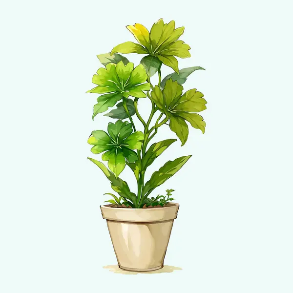 Suluboya vektör çiçeği ve vazoda düğün davetiyesi ve bahçe bitkileri illüstrasyonu için yapraklar.