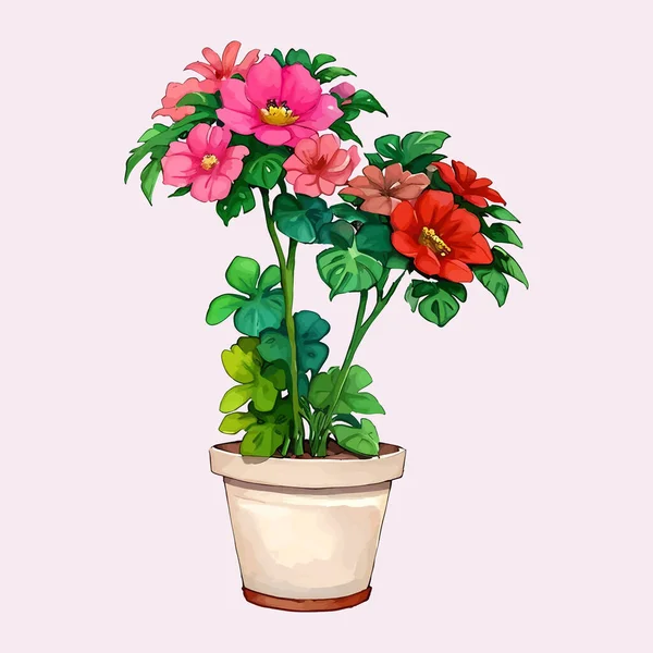 Suluboya vektör çiçeği ve vazoda düğün davetiyesi ve bahçe bitkileri illüstrasyonu için yapraklar.