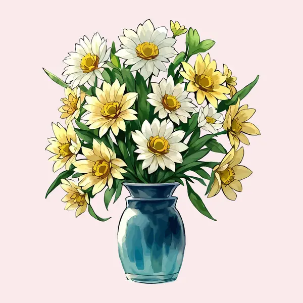 Suluboya vektör çiçeği ve vazoda düğün davetiyesi ve bahçe bitkileri illüstrasyonu için yapraklar.