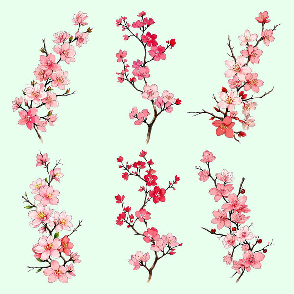 Watercolor vector Cherry blossoms, Sakura Flower, Pink Flower Red Flower collection