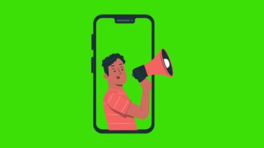 Yeşil ekranda cep telefonu anonsu, çılgın promosyonlar duyuran hoparlör. Reklam ve tanıtım için cep telefonu animasyonu, pazarlama konsepti, hoparlör, hoparlör..