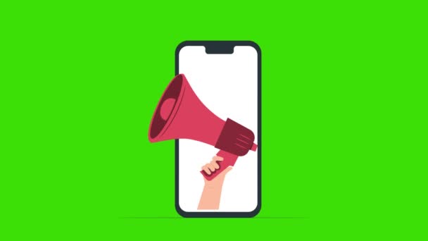 Mobile Phone Pengumuman Mic Pada Layar Hijau Loudspeaker Mengumumkan Promosi — Stok Video