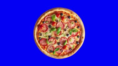 Restoran menüsü için mavi ekran krom üzerine pizza..
