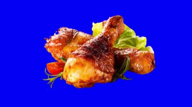 Canlandırılmış barbekü eti, kızarmış tavuk animasyon restoran menüsü mavi ekranda, yeşil ekran.