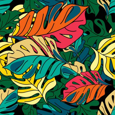 Yağmur ormanı vektör illüstrasyonunda tropikal yapraklarla kusursuz çiçek deseni