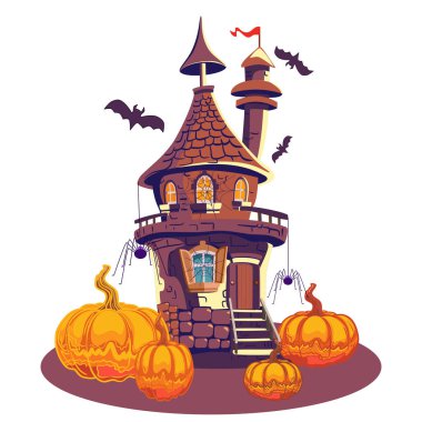 Balkabağı ve örümcekli perili evin Cadılar Bayramı vektör çizimi