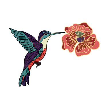 Karalama tekniği illüstrasyonunda çiçekli uçan kuş.