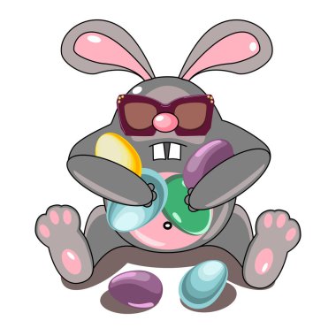 Paskalya yumurtalı güneş gözlüklü Paskalya tavşanı. Vektör illüstrasyonu