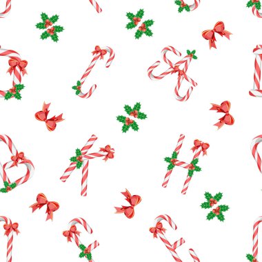 Şekerleme kamışları, mektuplar ve kutsal dutlu kusursuz desen. Vektör illüstrasyonu