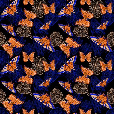 Turuncu kelebekli kusursuz çiçek deseni ve karalama tekniği illüstrasyonunda mavi çiçekler.