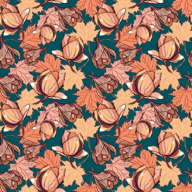 Sonbahar manolyası, trokus çiçekleri ve yeşil arka planda akçaağaç yapraklarıyla kusursuz vektör deseni.