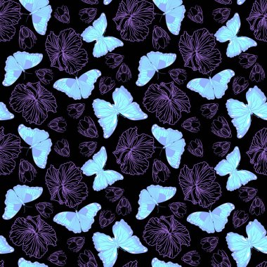 Siyah arkaplan çizimi üzerinde neon kelebekleri ve amber çiçekleri olan kusursuz botanik desen