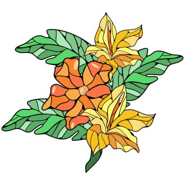 Çiçek buketi tropik çiçekler ve vitray pencere tekniğinde yapraklar. Vektör illüstrasyonu