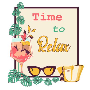 Kokteyl, güneş gözlüğü, plaj çantası ve canavar yapraklı tebrik kartı kullanma zamanı. Vektör illüstrasyonu