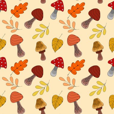 Mantarlı ve ormanlı kusursuz sonbahar deseni vektör illüstrasyonu