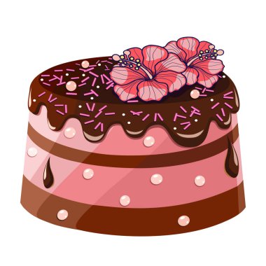 Amber çiçekli çikolatalı pasta ve dekorasyon vektör illüstrasyonu 