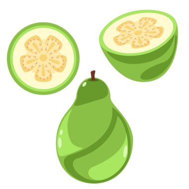 Guava tropikal meyvesinin tamamı, yarısı ve dilimi.
