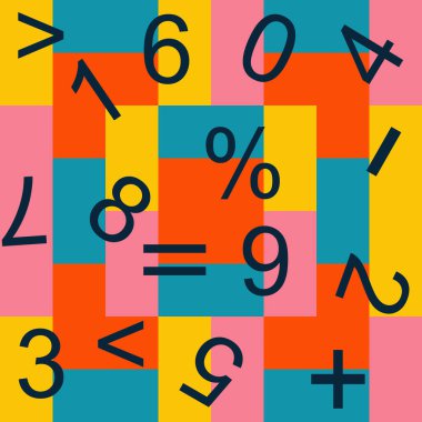 Renkli bir geometrik arkaplan vektörü üzerindeki rakamlar ve matematiksel işaretler