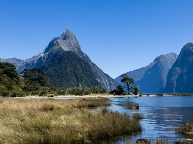 Yeni Zelanda 'daki güzel dağ manzarası, Milford Sound, Fiordland Ulusal Parkı, Güney Adası, Yeni Zelanda