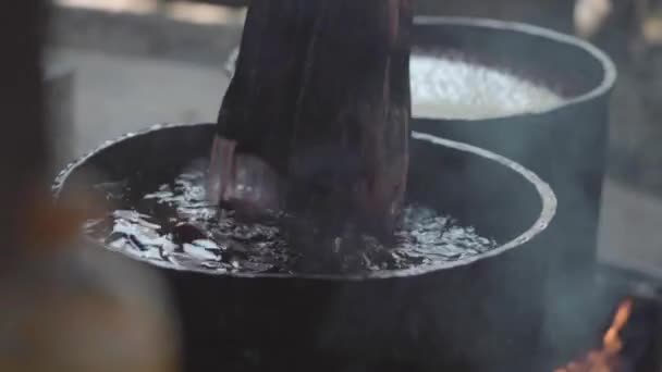 Slow Motion Technique Traditional Batik Dyeing Boiling Water — Stock Video
