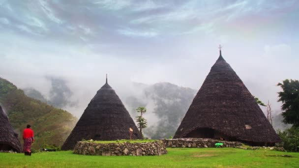 Dwa Domy Stojące Wysoko Tradycyjnej Indonezyjskiej Wioski Waerebo — Wideo stockowe