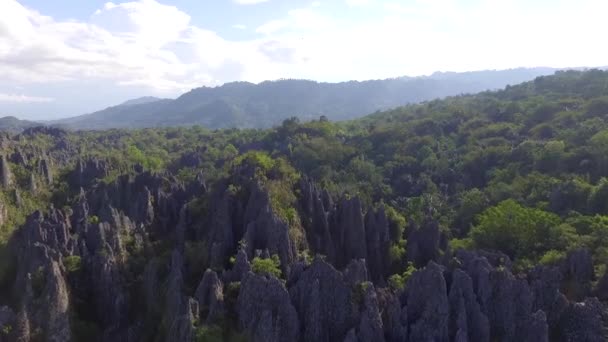 インドネシアのトラジャの山頂の鋭い崖を空中撮影 — ストック動画