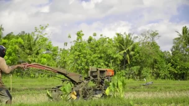 Bauern Pflügen Mit Einem Handtraktor Ein Reisfeld Arbeit Mit Einem — Stockvideo