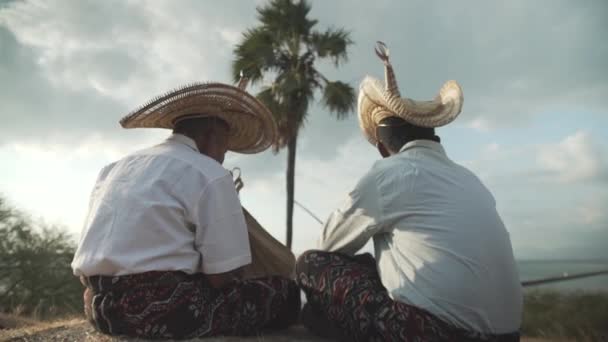 Zwei Personen Sitzen Unter Der Palme Und Spielen Ein Saiteninstrument — Stockvideo