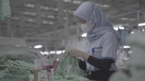 Klaten Indonesien Februar 2022 Mitarbeiterin Einer Bekleidungsfabrik Faltet Kleidung Und — Stockvideo