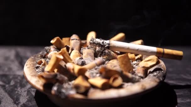 Sigarette Bruciate Nel Posacenere Sporco Pieno Mozziconi Sigaretta — Video Stock