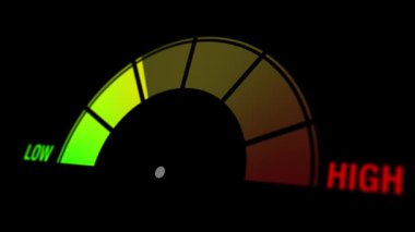 Parlak renkli seviye göstergesi, koyu bir arkaplana karşı gradyan ekranda düşük seviyeden yüksek seviyeye hareket ediyor. Performans, ölçüm ve yoğunluk kavramlarını temsil eder.