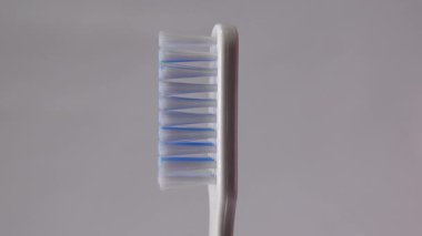 Mavi kıllarla vurgulanmış beyaz bir diş fırçasının ayrıntılı görüntüsü, yumuşak gri arka planda izole edilmiş, hijyen tasviri.