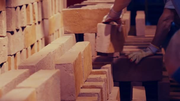 Workers Placing Odschool Bricks Rows Firing Closeup Shot Slow Motion — Stock Video