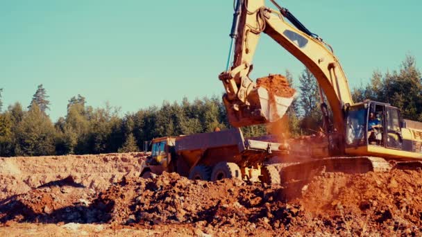 Une Excavatrice Charge Argile Dans Camion Benne Tôt Matin Dans — Video