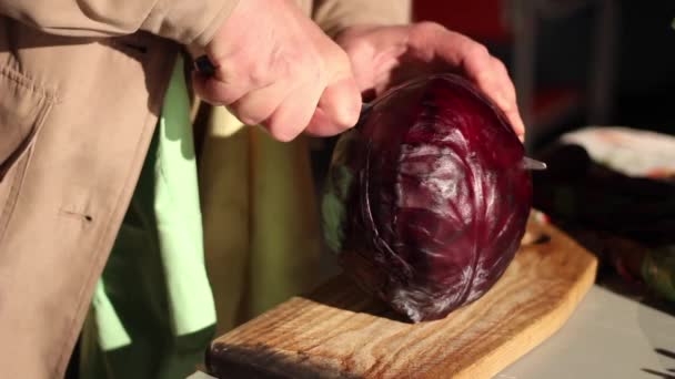 Czerwona Kapusta Jest Przecięta Pół Przygotowanie Żywności — Wideo stockowe