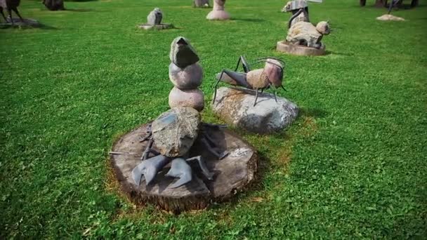 Pedra Engraçada Esculturas Metálicas Escorpião Formiga Dolly Tiro Escorpião Engraçado — Vídeo de Stock