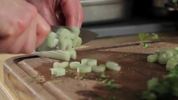Rastreamento Tiro Cozinheiros Mãos Cortando Aipo Preparação Alimentos — Vídeo de Stock