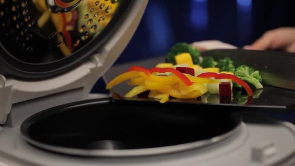 黒ガラス板 パプリカ ビート セロリ カボチャ ブロッコリーからナイフで調理装置に押されている野菜や鶏のドラムスティックの静的なショット — ストック動画