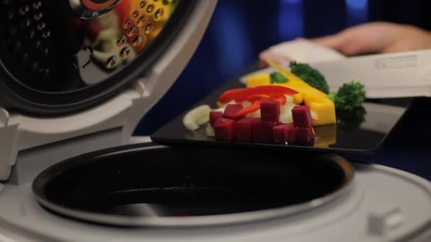 Statisch Schot Van Groenten Kip Drumstick Wordt Geduwd Het Kooktoestel — Stockvideo