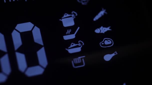 Статичний Макрознімок Іконок Дисплея Освітлюються Вгору Вниз Мультиварці Моркву Рибу — стокове відео