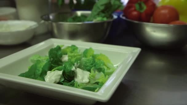 Bir Tepside Salatanın Üzerine Bırakılan Küçük Beyaz Ekmek Tost Parçalarının — Stok video