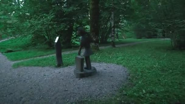 Steadicam Aufnahme Einer Lustigen Holzstatue Eines Kleinen Mädchens Forset Park — Stockvideo