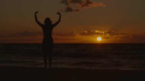 Statický Široký Záběr Ženy Siluetě Tančící Moře Pozadí Zapadajícího Slunce — Stock video