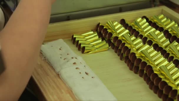 通过对糖果制作过程的近距离跟踪 黄金圆锥被装满了巧克力 — 图库视频影像