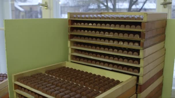 Сверху Вниз Средний Снимок Деревянных Подносов Полных Шоколада Шоколадной Фабрике — стоковое видео