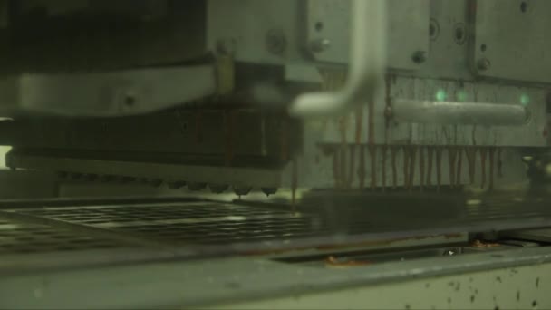 在巧克力工厂里用巧克力填充模具的静态特写镜头 — 图库视频影像