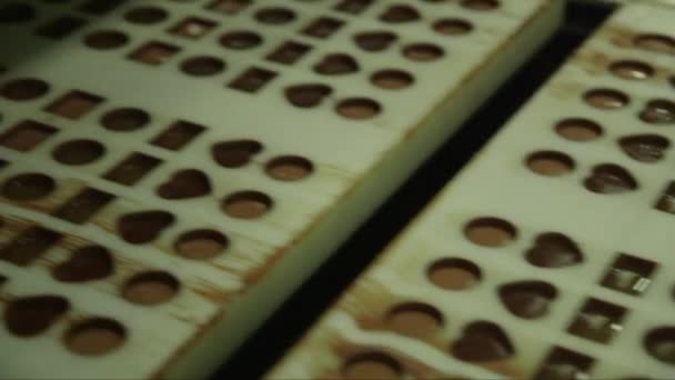 Konveyör Bandı Boyunca Kayan Çikolatalarla Dolu Statik Yakın Çekim Kalıpları — Stok video