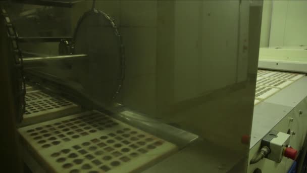 Static Medium Shot Molds Filled Chocolate Sliding Conveyor Belt — Stock Video