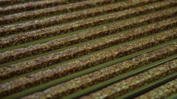 巧克力工厂输送线上分散的糖果填充物的静态宏图 — 图库视频影像